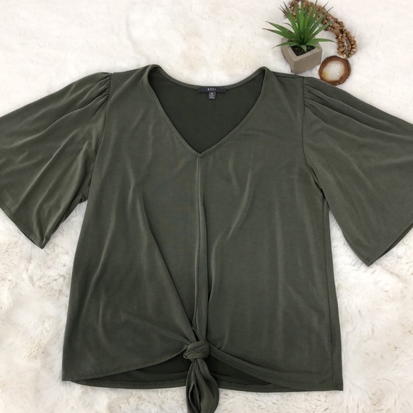 Gyft Tie Front Modal Blouse Army Green Size Medium - Picture 6 of 8